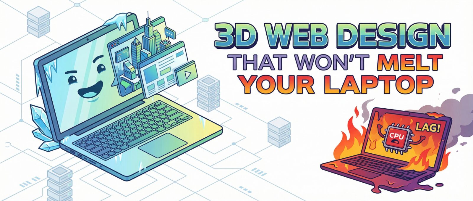 3D WEB DESIGN THAT WON'T MELT YOUR LAPTOP. Illustration of a cool laptop with 3D elements vs. a melting, flaming laptop.