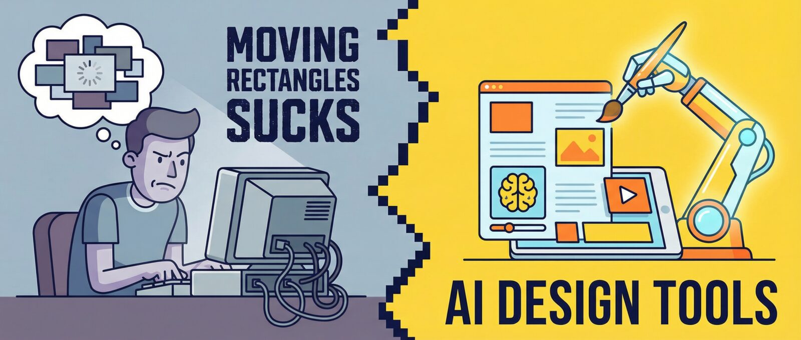 Cartoon contrasting UI design: Frustrated man at old PC with "MOVING RECTANGLES SUCKS." Robot arm creates clean UI, "AI DESIGN TOOLS.