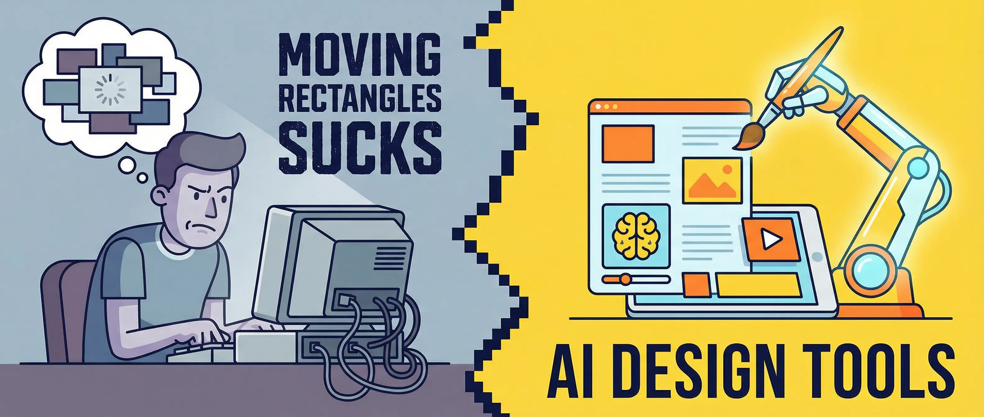 Cartoon contrasting UI design: Frustrated man at old PC with "MOVING RECTANGLES SUCKS." Robot arm creates clean UI, "AI DESIGN TOOLS.