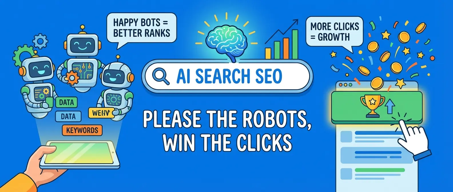 Cartoon: Robots process data for "AI SEARCH SEO", improving ranks, clicks, & growth. Text: "PLEASE THE ROBOTS, WIN THE CLICKS.