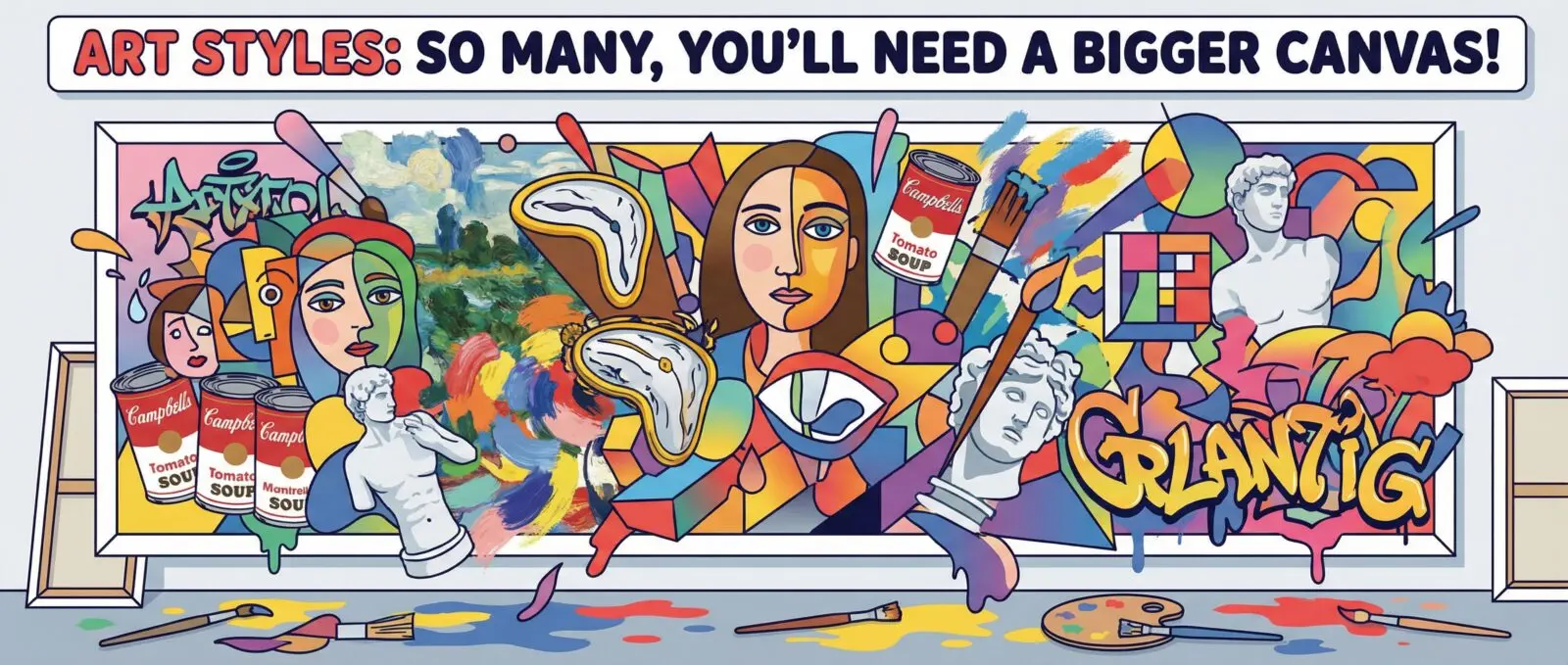 A vibrant painting blending Pop Art cans, Cubist faces, melting clocks, Impressionist landscapes, classical busts, abstract forms, & graffiti.