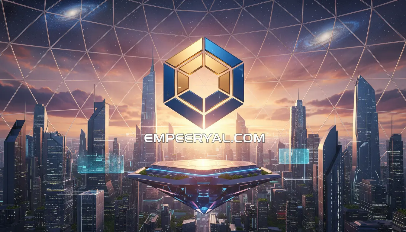 Futuristic city under a dome, galaxies above. Gold & blue logo, "EMPEERYAL.COM", and a floating platform at sunset.