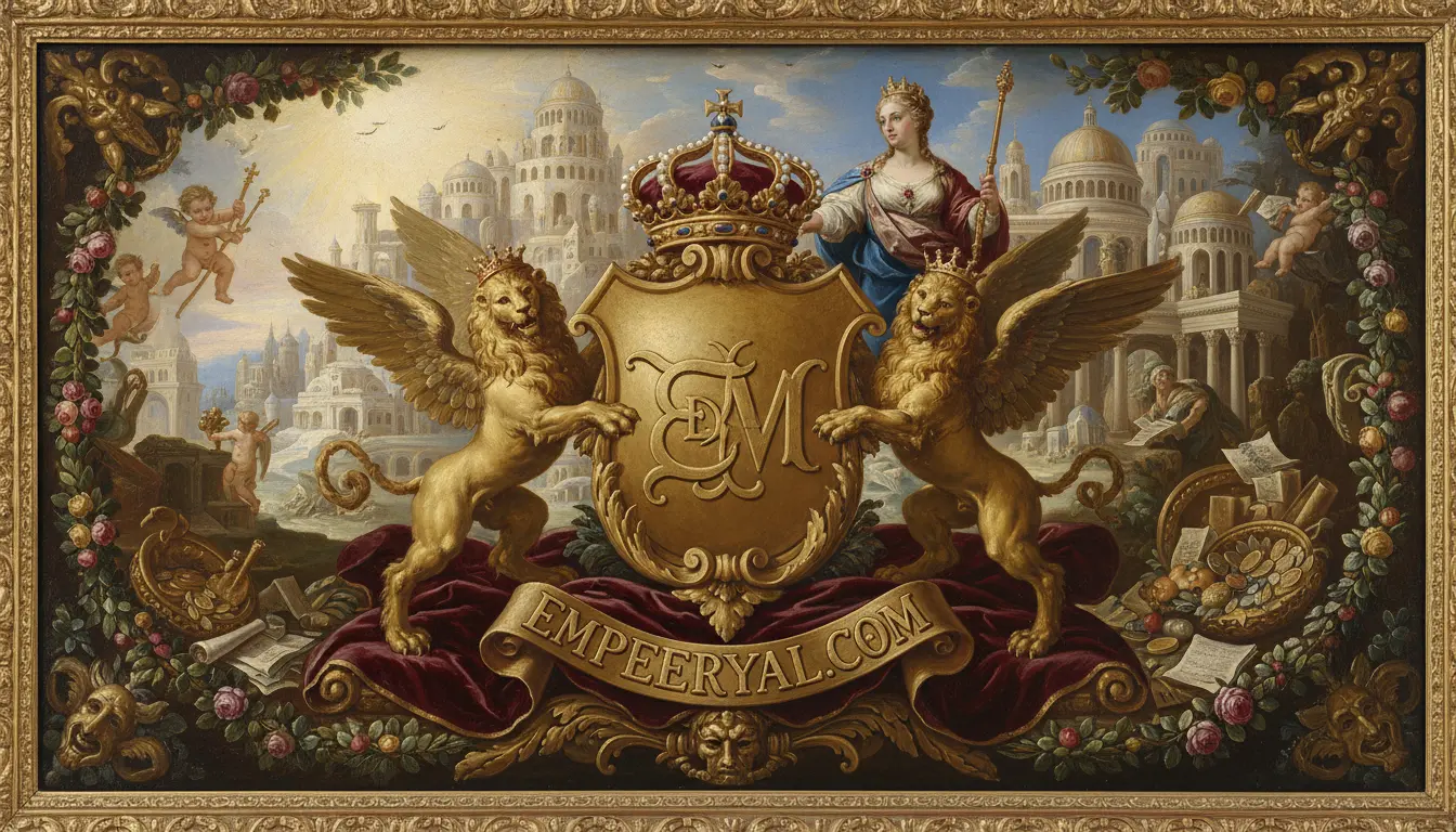 Ornate painting of a royal crest with 'EM' monogram, winged lions, queen, cherubs, city, and 'EMPEERYAL.COM' banner.