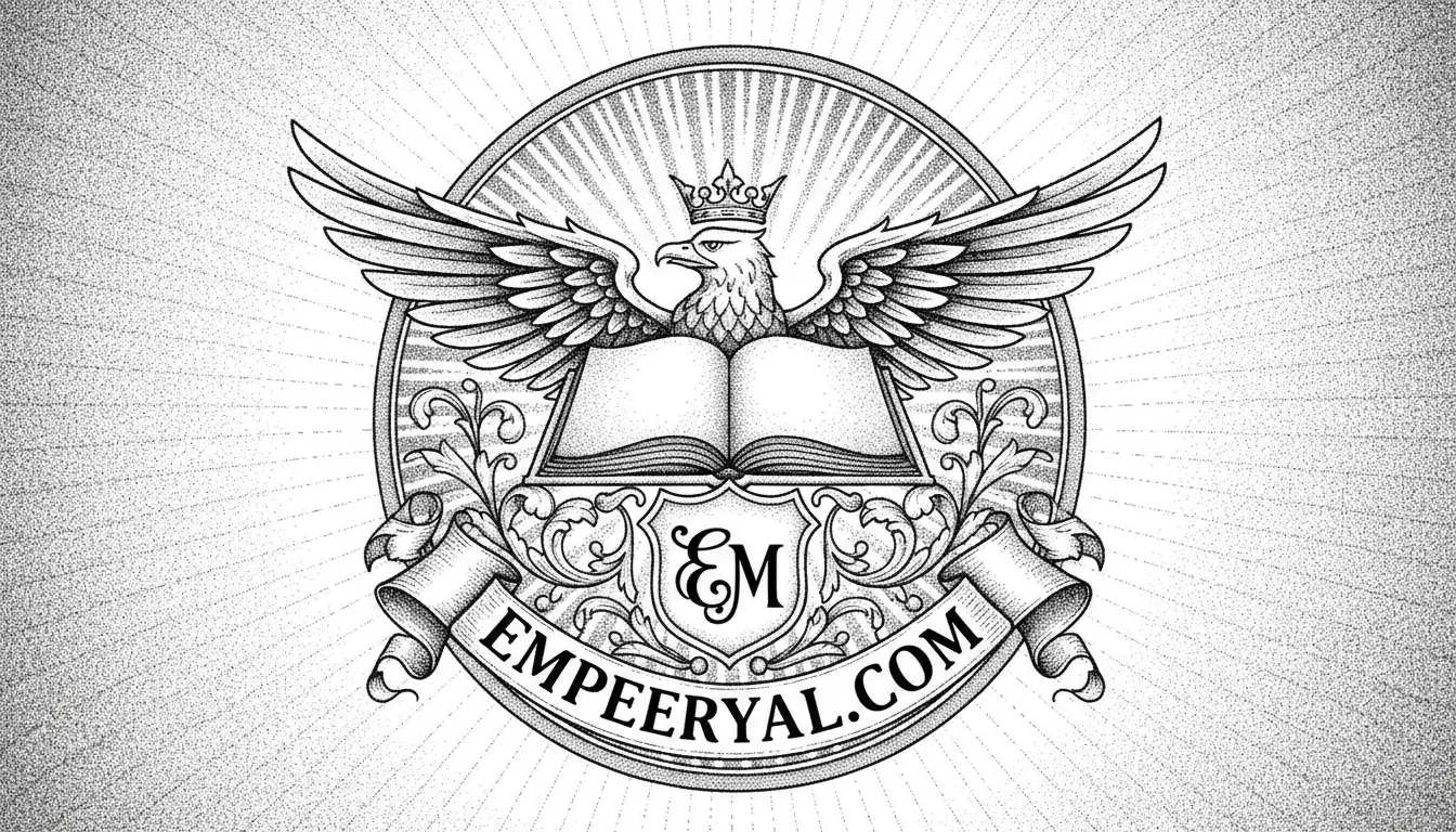 Monochrome emblem: crowned eagle, open book, 'EM' crest, 'EMPEERYAL.COM' banner, with ornate scrollwork and sunburst.