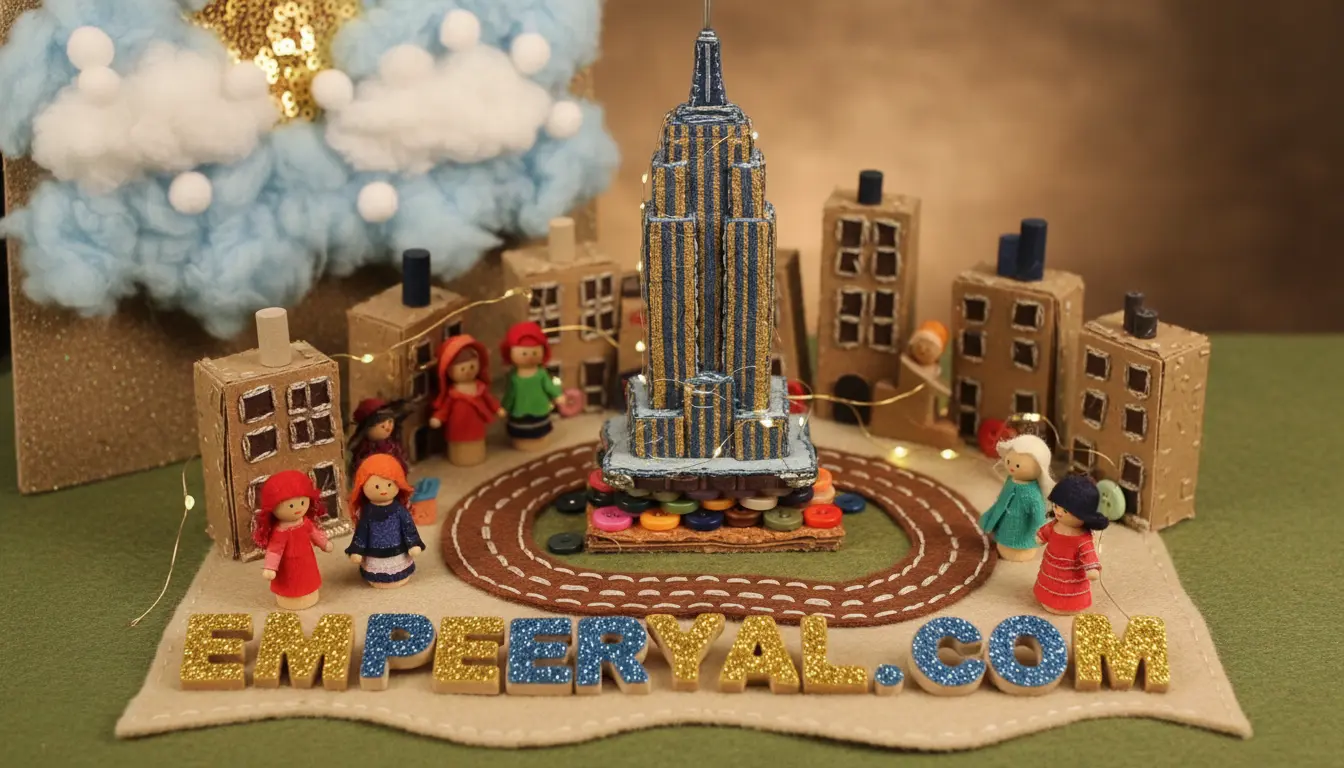 Handmade miniature city with an Empire State Building, peg dolls, cardboard buildings, string lights, and EMPEERYAL.COM text.