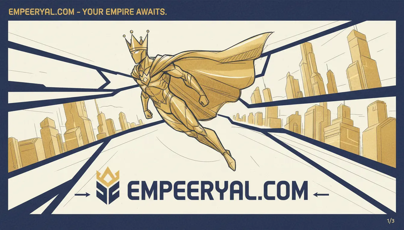 A golden, crowned superhero with a cape flies over a city. Text reads "EMPEERYAL.COM - YOUR EMPIRE AWAITS.