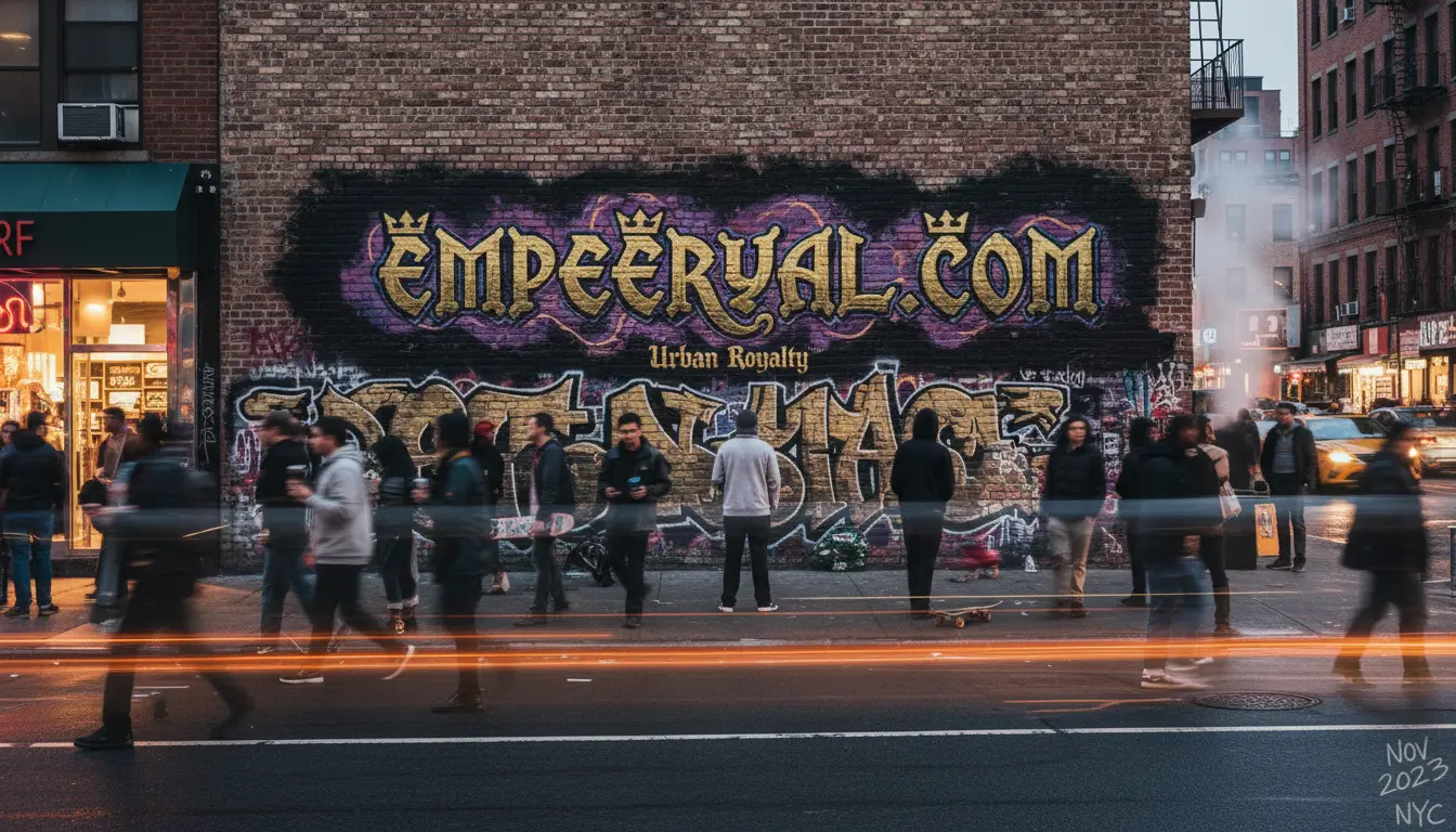 Graffiti mural "EMPEERYAL.COM" on a brick wall in NYC. Blurred people walk past as orange light trails streak across the street.