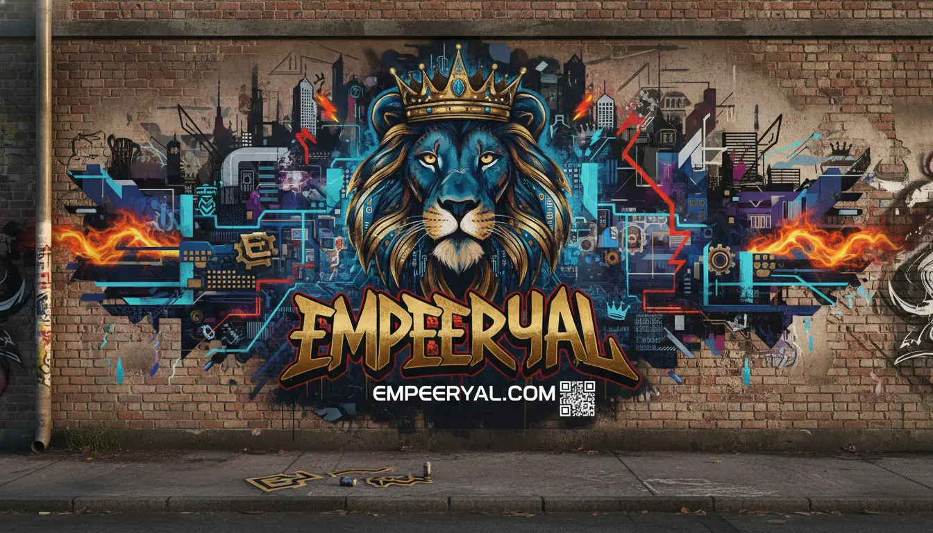 Vibrant graffiti of a crowned blue lion head on a brick wall, surrounded by futuristic tech and cityscapes. "EMPEERYAL".
