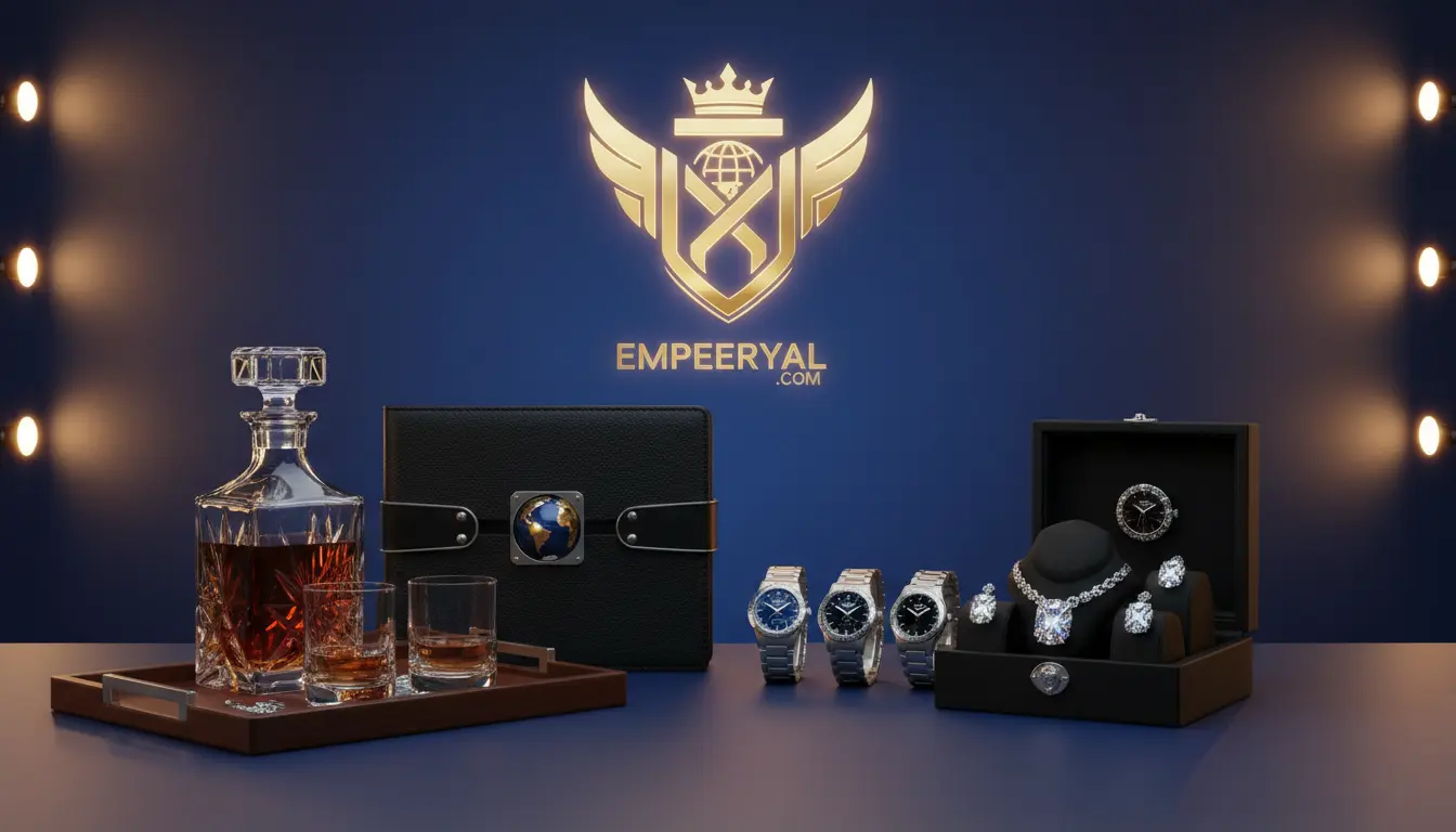Empeeryal branded luxury display: Decanter, whiskey, leather case, 3 watches, and diamond jewelry in a box on a blue wall.