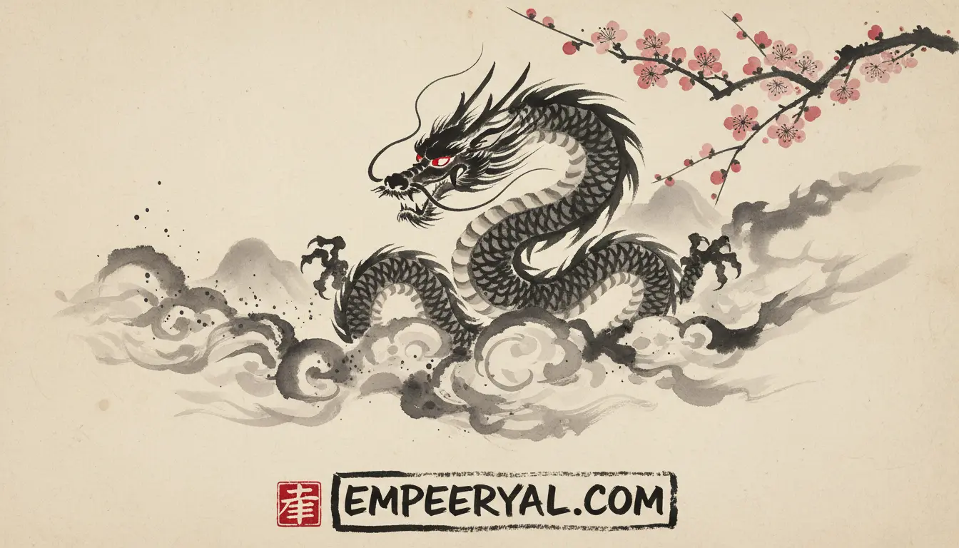 Sumi-e style painting: A black dragon with red eyes amidst dark ink clouds, under a branch of pink blossoms.