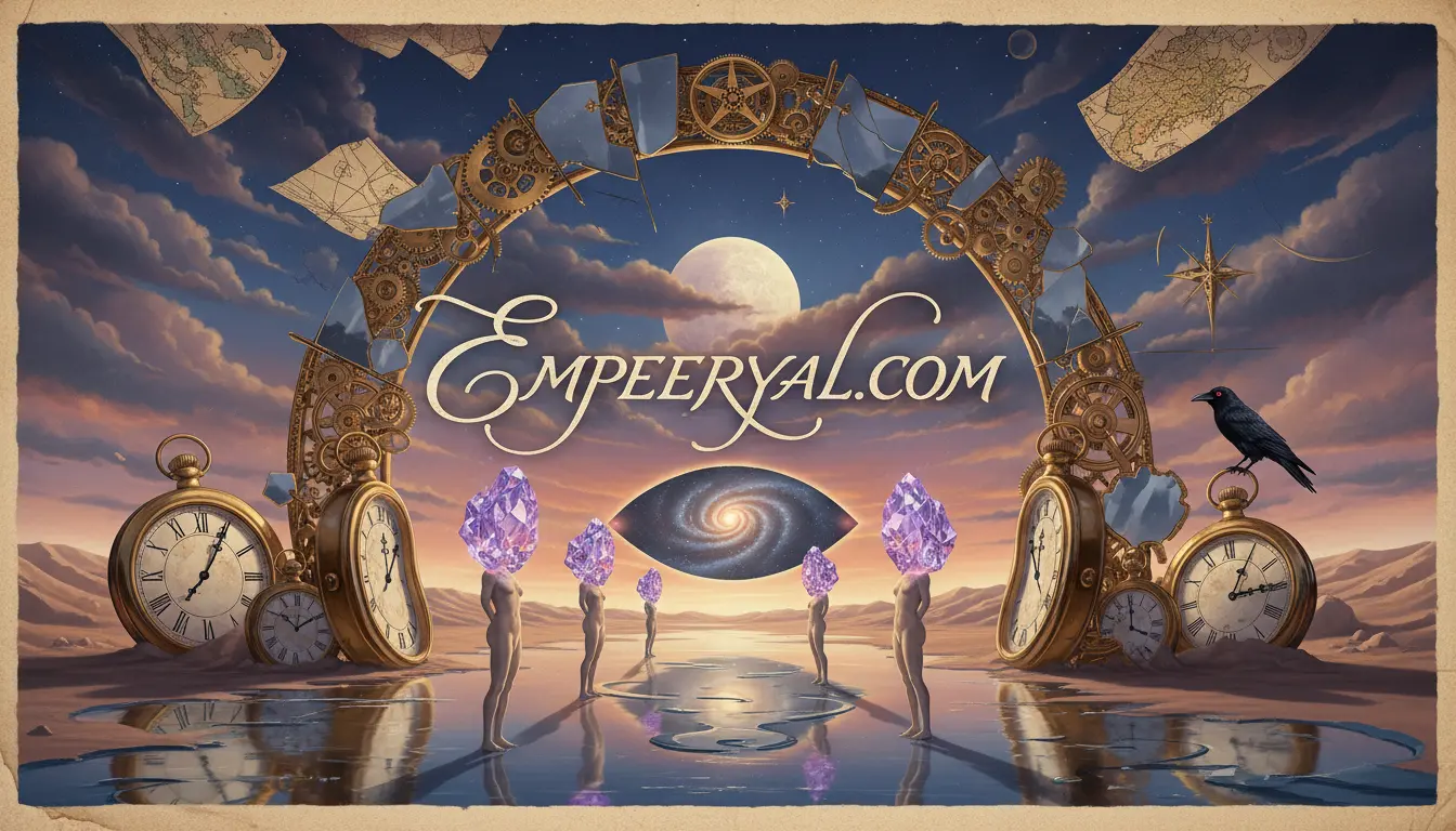 Ornate golden arch with "EMPEERYAL.COM" over a full moon. Crystal-headed figures, melting clocks, a galaxy eye in a surreal desert.