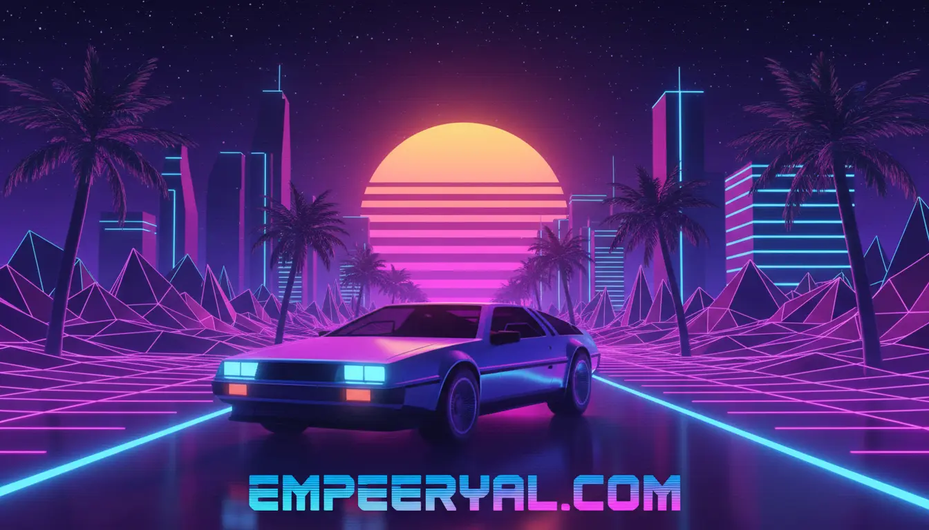 Synthwave art: DeLorean on neon grid road, palm trees, geometric city, retro sun, and 'EMPEERYAL.COM' text.