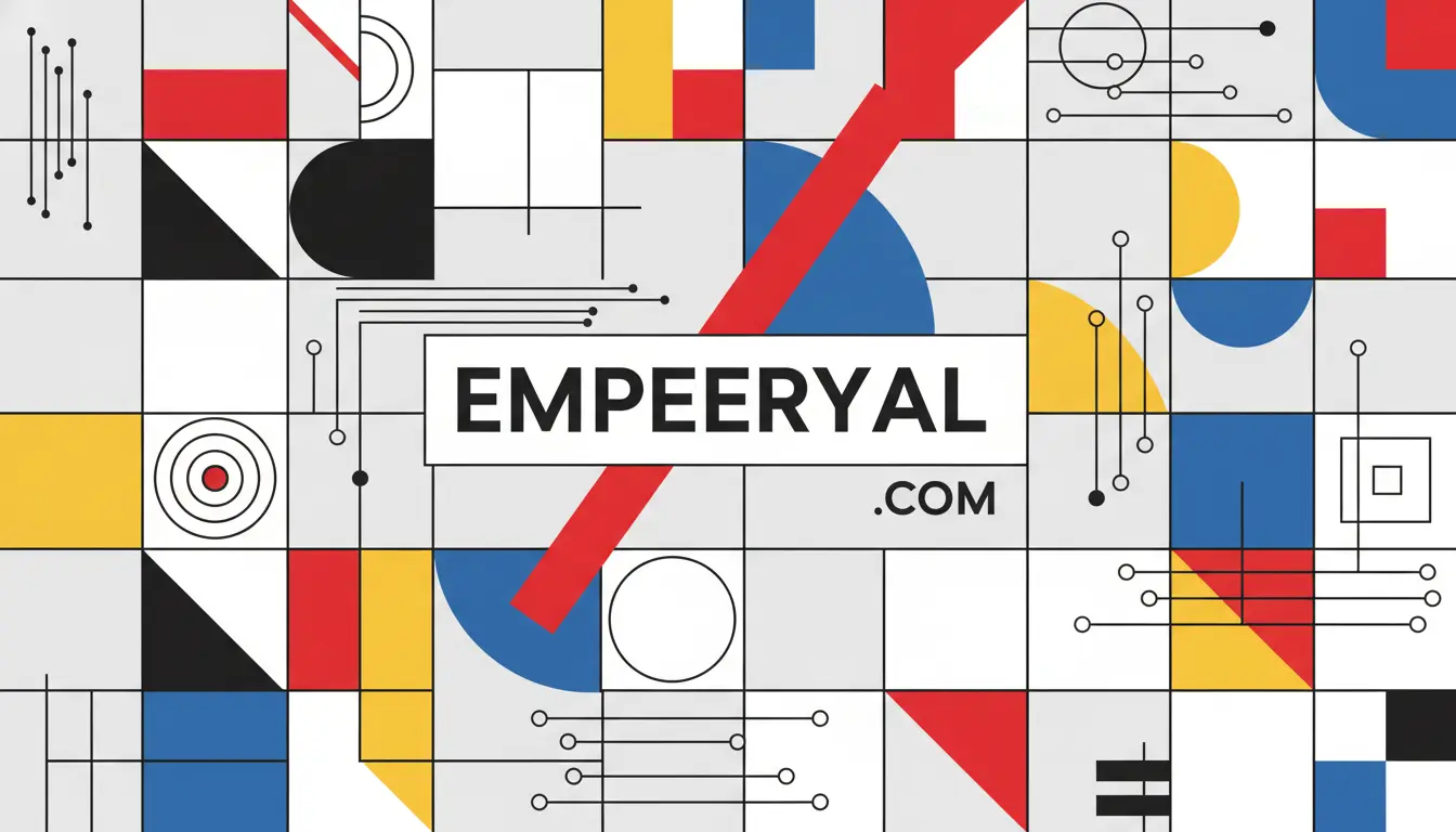 Abstract grid of geometric shapes in primary colors, black, and white, with circuit lines and 'EMPEERYAL .COM'.