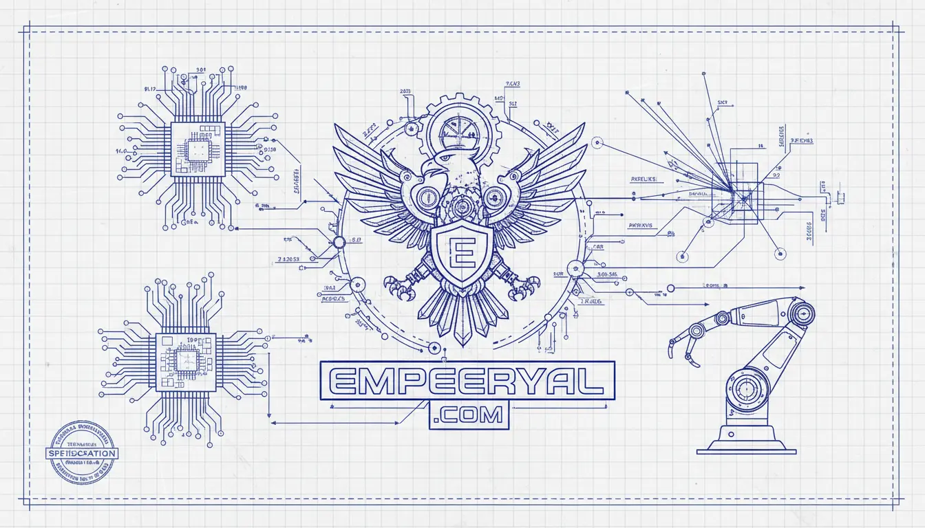 Blueprint of tech elements: eagle emblem, circuit boards, robotic arm, wiring, and "EMPEERYAL.COM" on grid paper.
