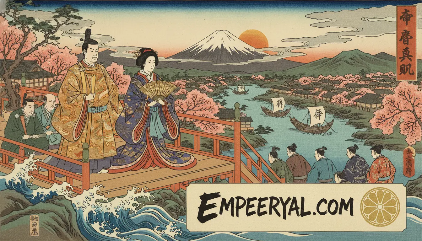 Ukiyo-e print of an emperor and empress on a bridge, with cherry blossoms, Mt. Fuji, river, and boats at sunset.