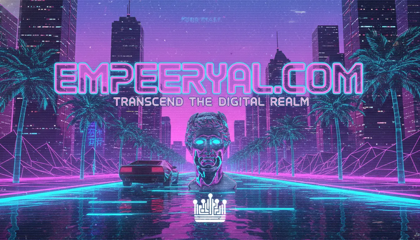 Neon vaporwave scene: "EMPEERYAL.COM", "TRANSCEND THE DIGITAL REALM", glowing bust, car, palm trees, cityscape.