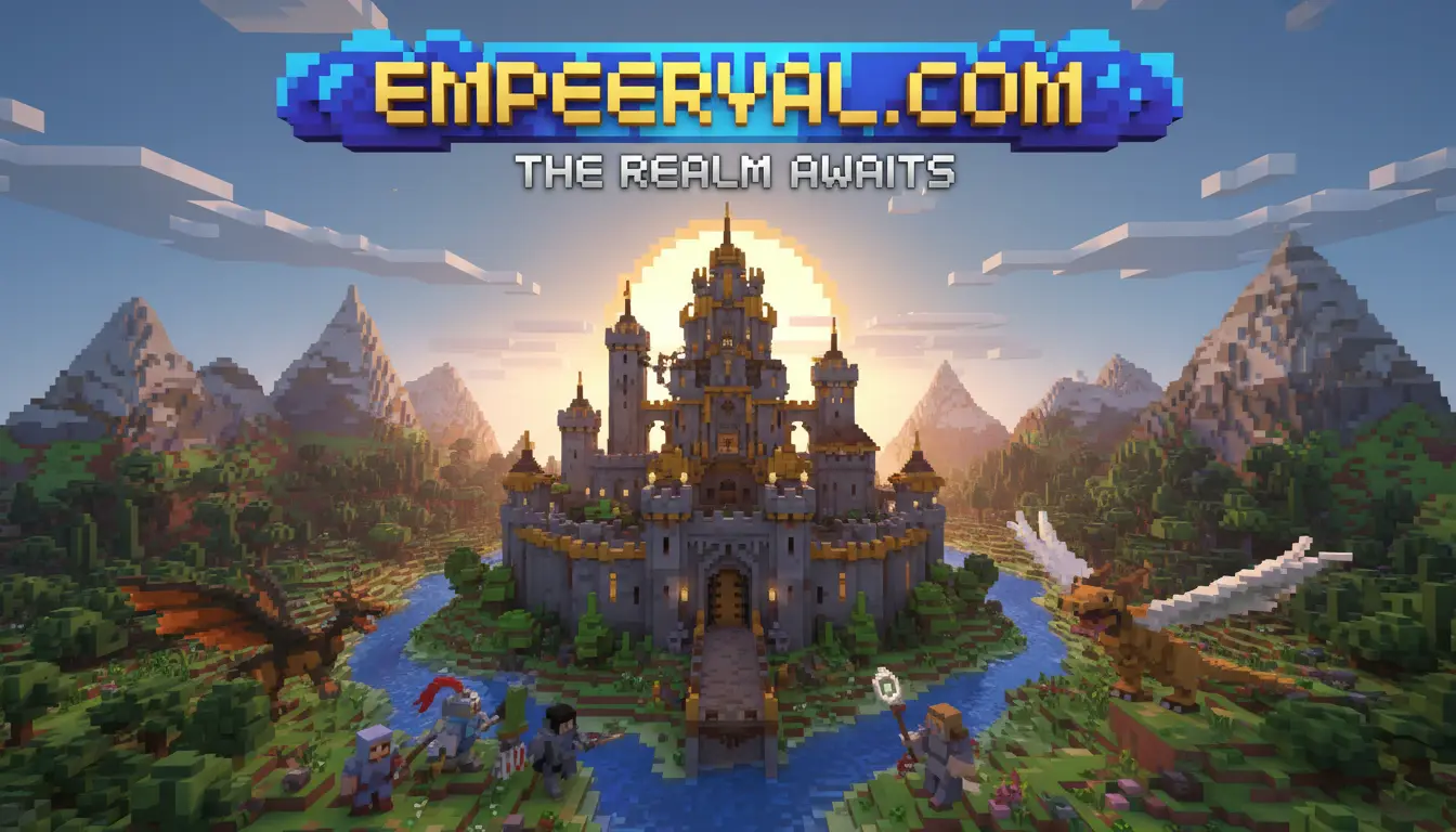 Minecraft-style fantasy world with a huge castle, dragons, knights, and mountains at sunset. Banner: EMPEERYAL.COM, THE REALM AWAITS.