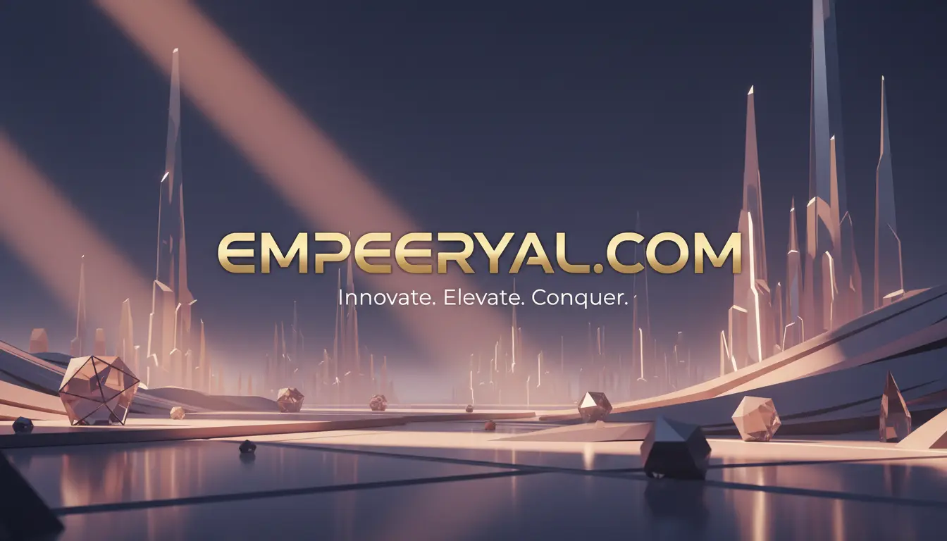Gold "EMPEERYAL.COM" and tagline "Innovate. Elevate. Conquer." Futuristic crystal cityscape with scattered polyhedrons, light rays.