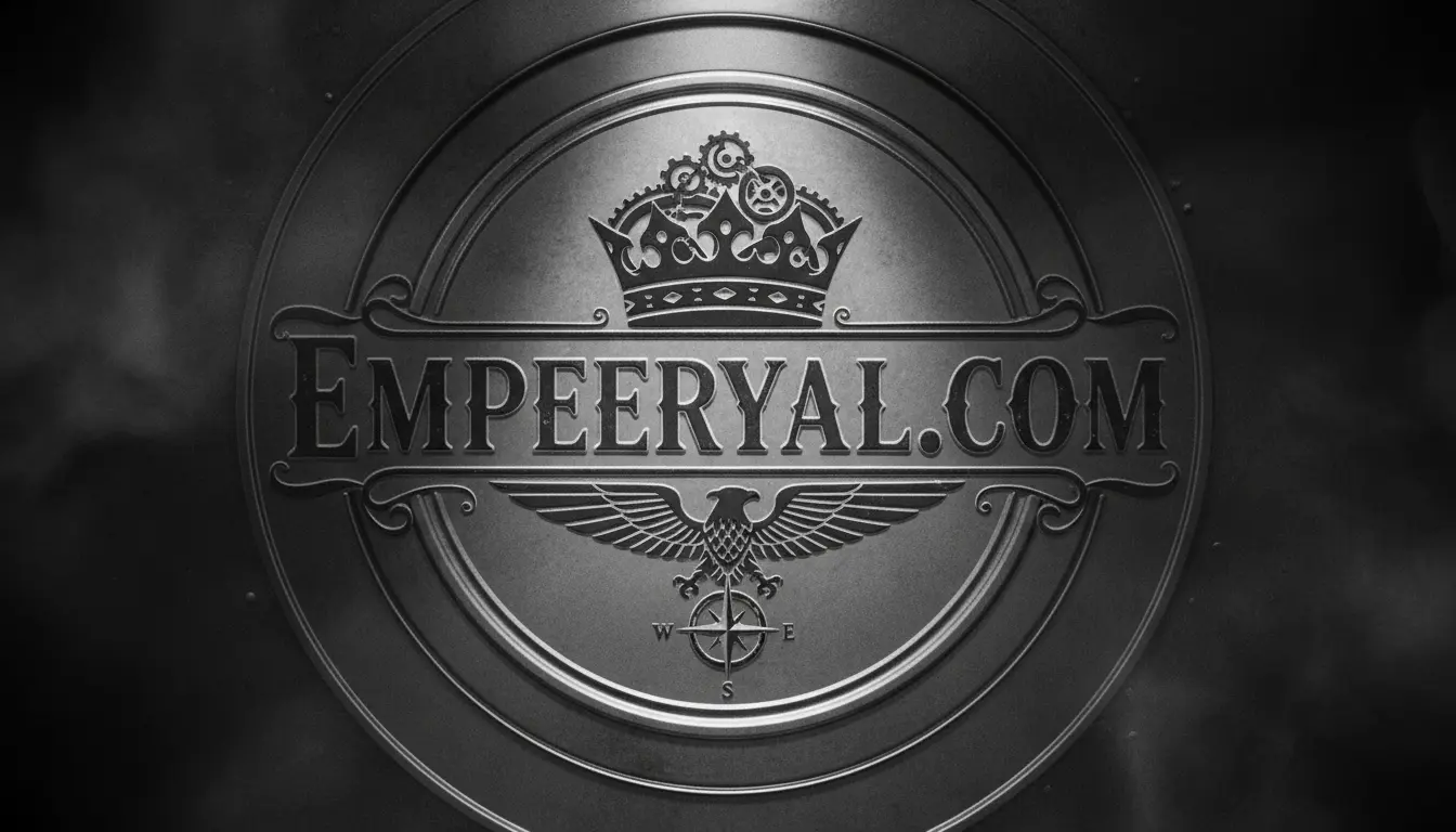 Embossed metallic EMPEERYAL.COM logo. Steampunk crown with gears, eagle, and compass rose in a dark circular design.