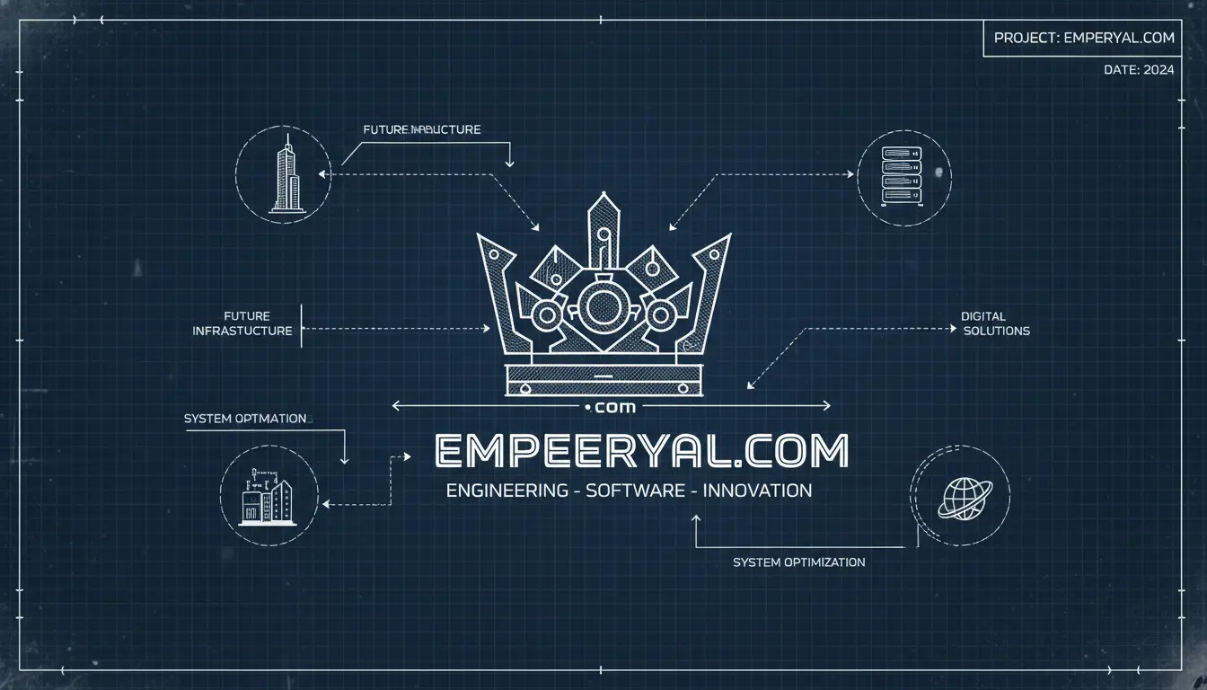 Blueprint: Empeeryal.com crown logo, showing future infrastructure, digital solutions, and system optimization icons.