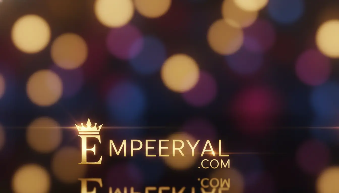 Golden EMPEERYAL .COM logo with a crown on the 'E', mirrored on a surface, against a background of blurred, colorful bokeh lights.