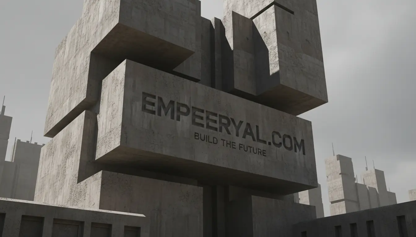 Brutalist concrete skyscraper with "EMPEERYAL.COM" and "BUILD THE FUTURE" carved into it. Other blocky buildings in background.