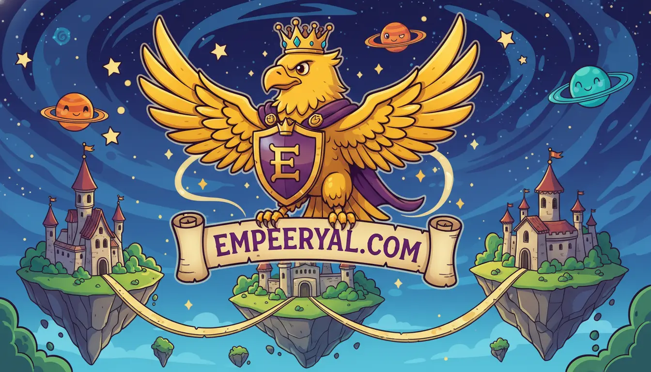 Regal golden eagle mascot with crown, shield with E, and cape on "EMPEERYAL.COM" banner, over castles & planets.