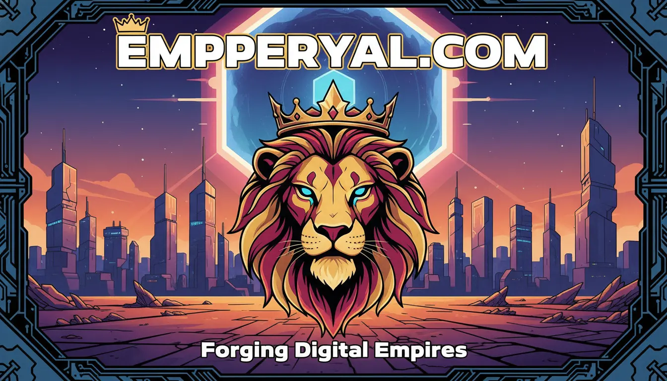 Crowned lion emblem with glowing eyes over a futuristic city. EMPPERYAL.COM: Forging Digital Empires. Circuit border.