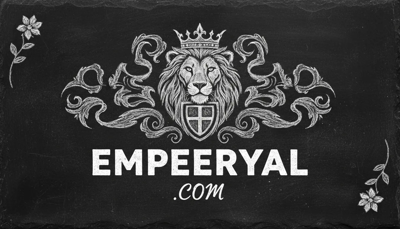 Chalk art: Crowned lion head, shield with cross, decorative scrolls. Text: EMPEERYAL .COM. Dark, textured background.