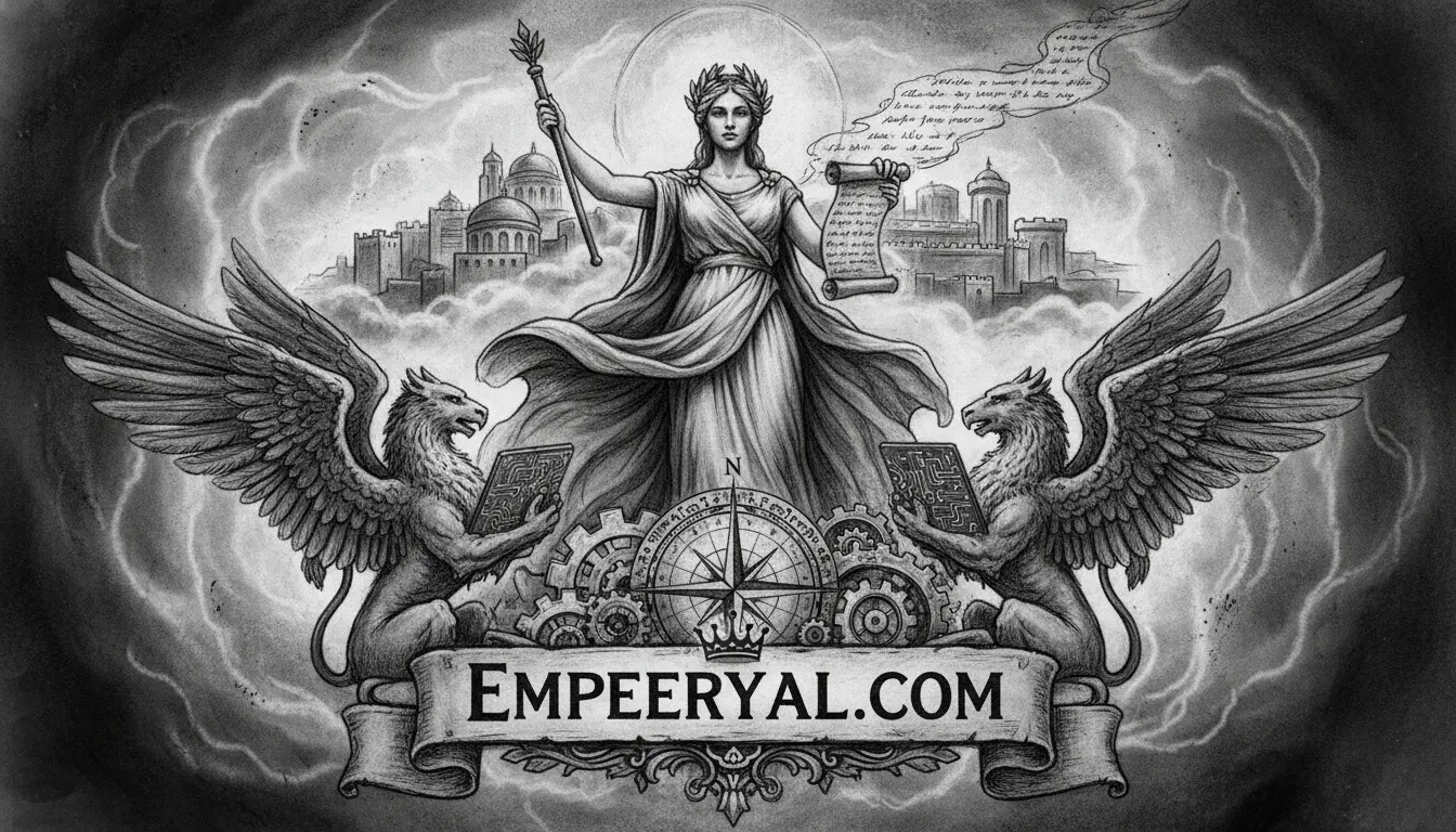B&W: Goddess-like woman, staff, scroll, flanked by winged griffins holding tech tablets. Stormy cityscape. EMPEERYAL.COM banner.