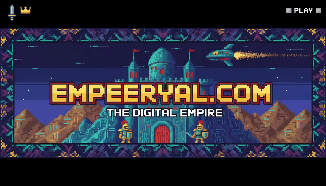 Pixel art intro: EMPEERYAL.COM - THE DIGITAL EMPIRE. Castle, knights, spaceship, mountains. "PLAY" button.