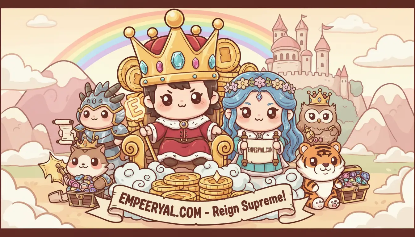Cute cartoon king, queen, and animal characters in a fantasy realm with treasure, a castle, and rainbow. "EMPEERYAL.COM".