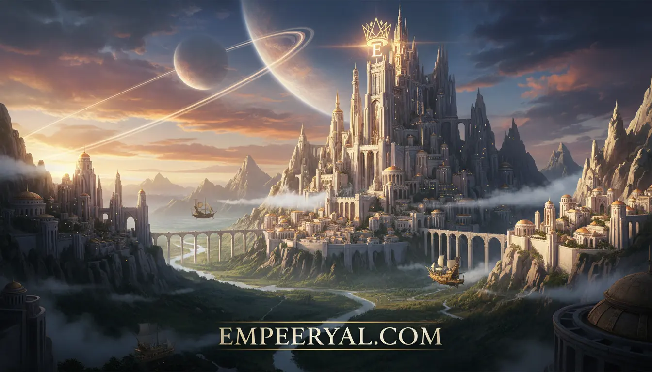 Majestic fantasy city built into mountains, flying ships, ringed planet, and a crowned "E" on the central castle under a sunset sky.