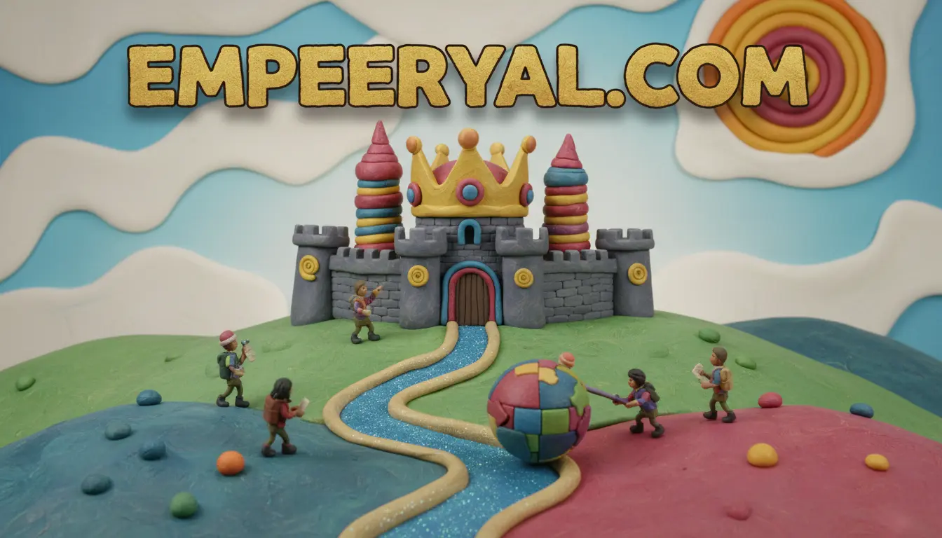 Claymation: "EMPEERYAL.COM" in gold above a castle with a crown. Small figures explore colorful hills with a glitter river & globe.