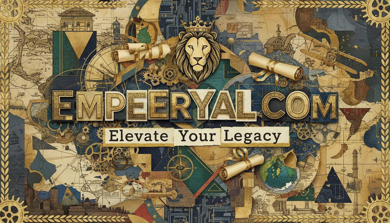 Steampunk collage: crowned lion, maps, gears, scrolls. Text: EMPEERYAL.COM. Slogan: Elevate Your Legacy.