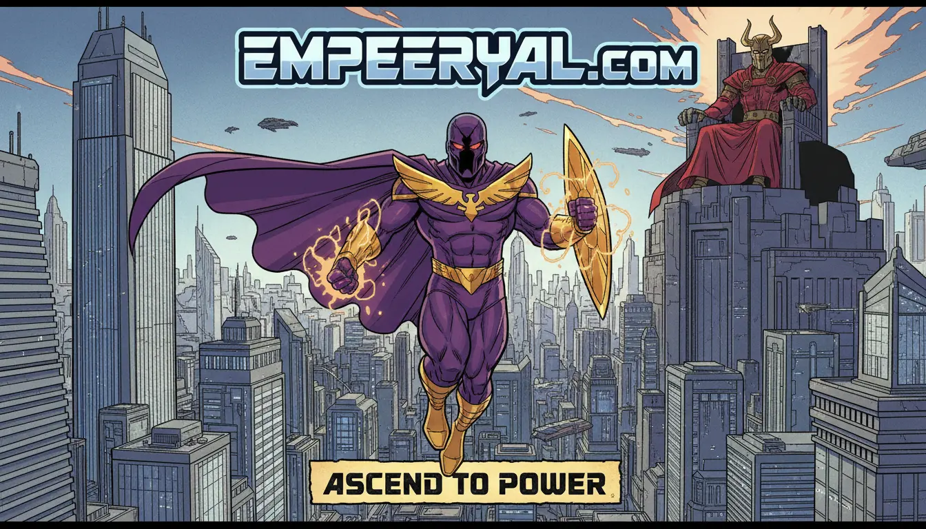 Comic art: Purple superhero with glowing hands & shield floats over city. Horned king on throne. "EMPEERYAL.COM", "ASCEND TO POWER".