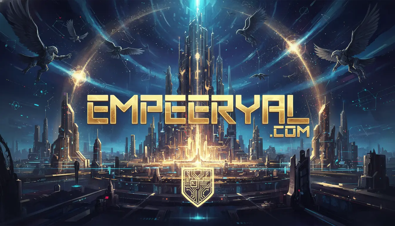 Futuristic city at night, with glowing skyscrapers, flying winged figures, a circuit shield, and gold text 'EMPEERYAL .COM'.