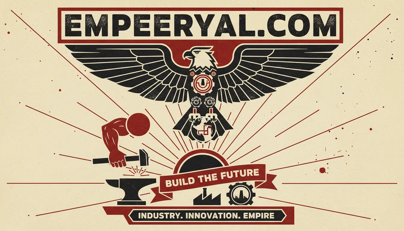 Propaganda poster. "EMPEERYAL.COM" atop an eagle, hammer/anvil, "BUILD THE FUTURE", "INDUSTRY. INNOVATION. EMPIRE.