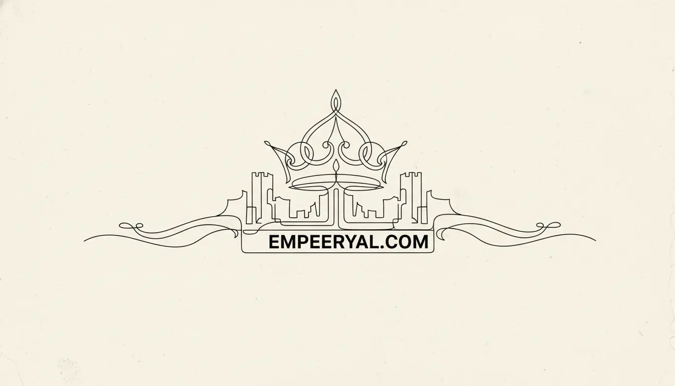 Elegant black line logo: a crown above a castle, flanked by decorative swirls. Text: EMPEERYAL.COM.