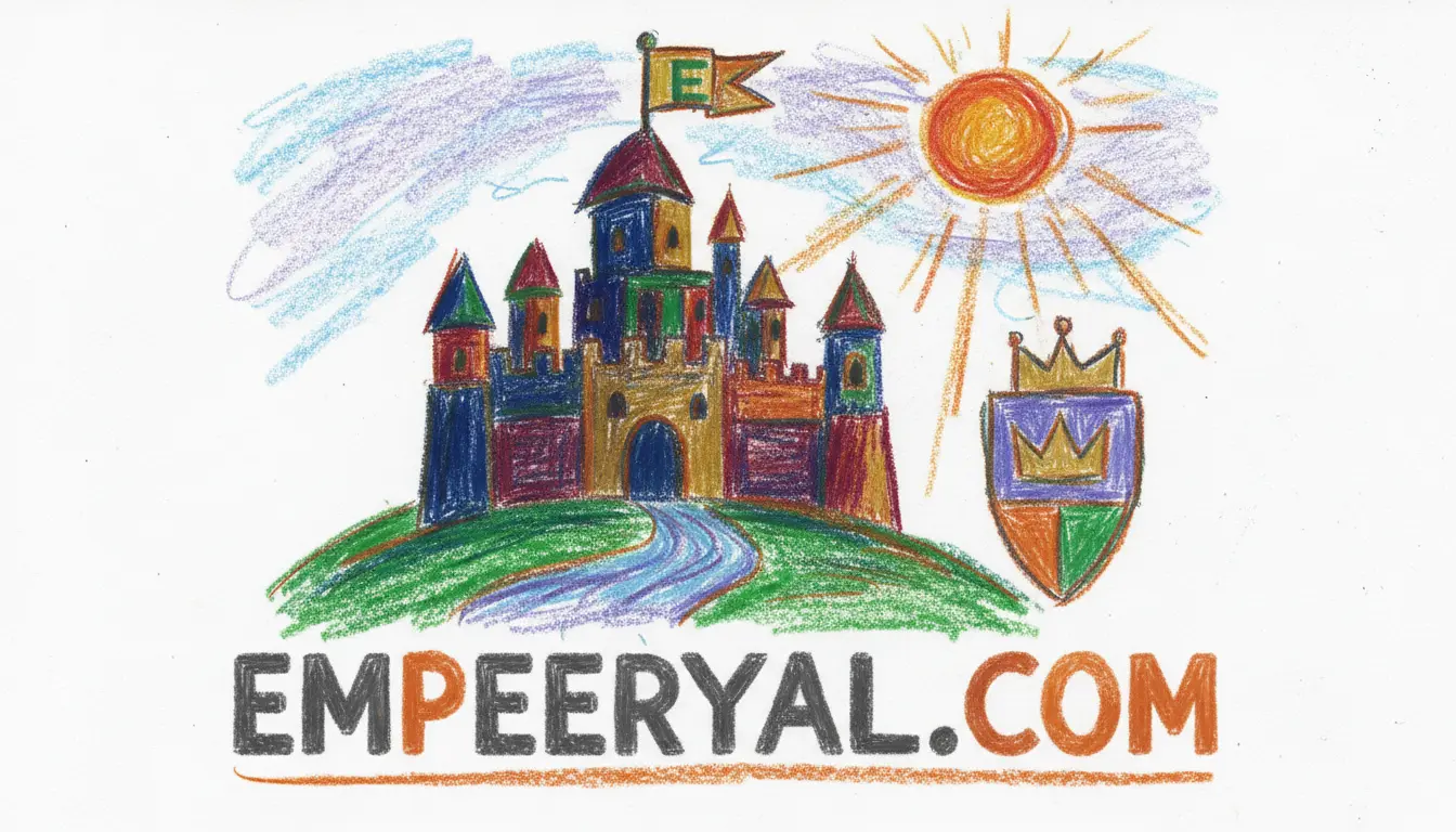 Crayon drawing: Colorful castle on a hill with an "E" flag, a sun, and a crowned shield. Text: EMPEERYAL.COM.