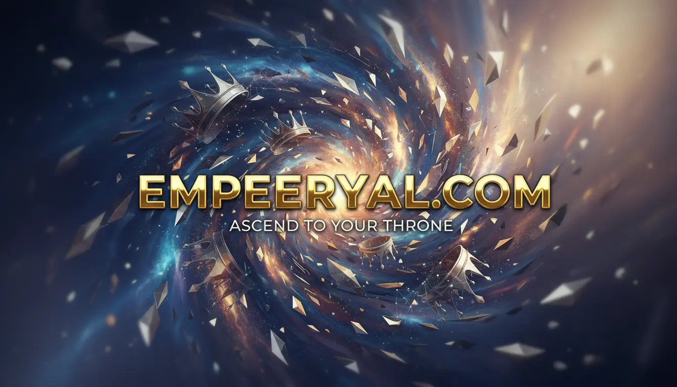 Gold text "EMPEERYAL.COM" & "ASCEND TO YOUR THRONE" over a cosmic vortex with floating crowns and shattered fragments.