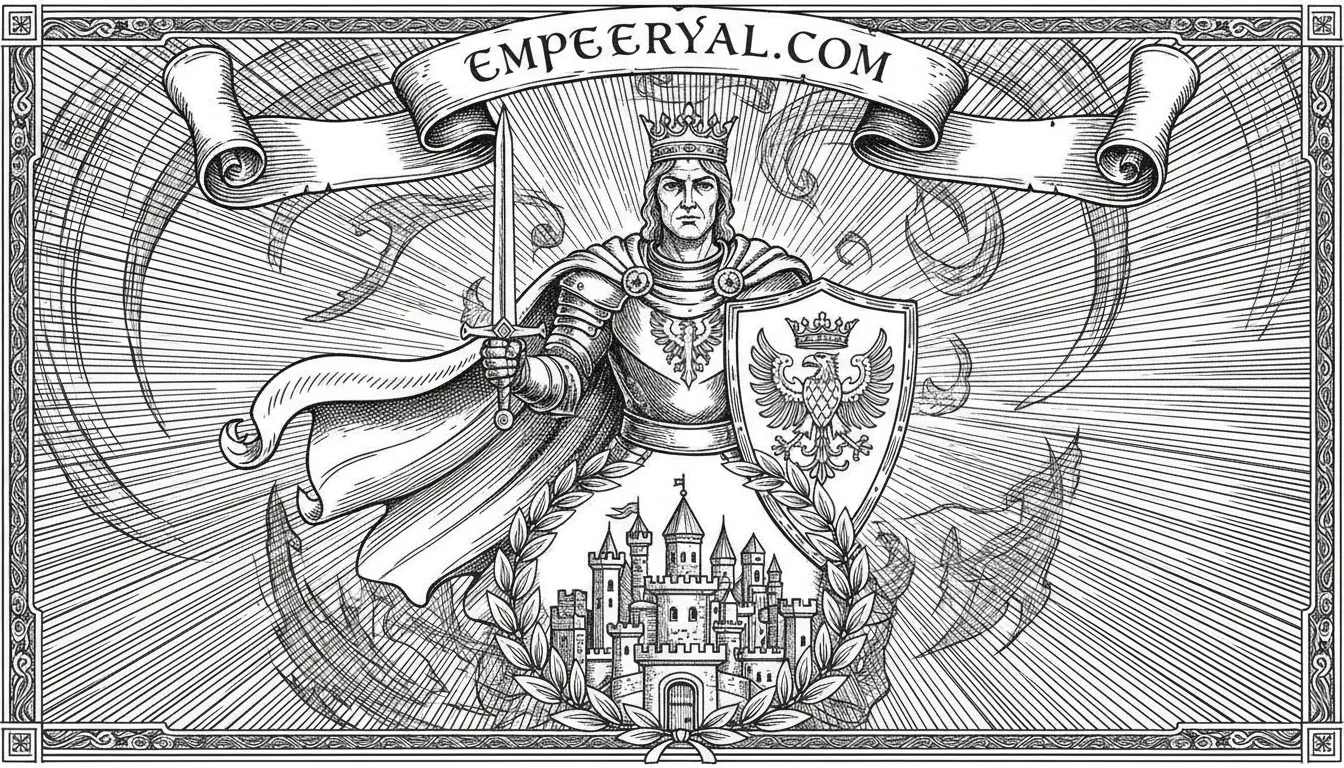 Ornate B&W illustration: Crowned king in armor with sword & eagle shield, above a castle. Banner reads EMPEERYAL.COM.