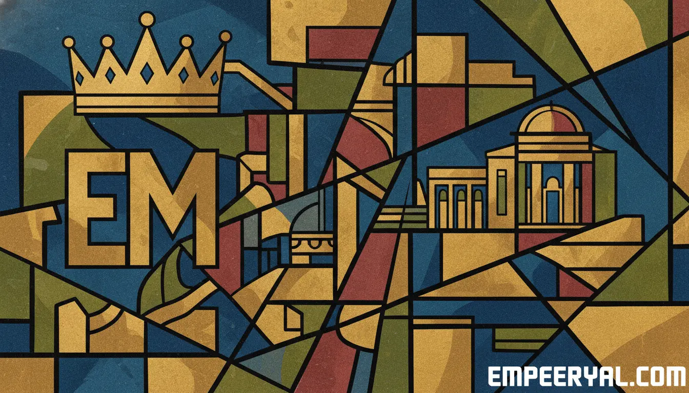 Abstract stained-glass art: golden crown, "EM" text, and geometric buildings in blue, gold, green, red with a distressed texture.