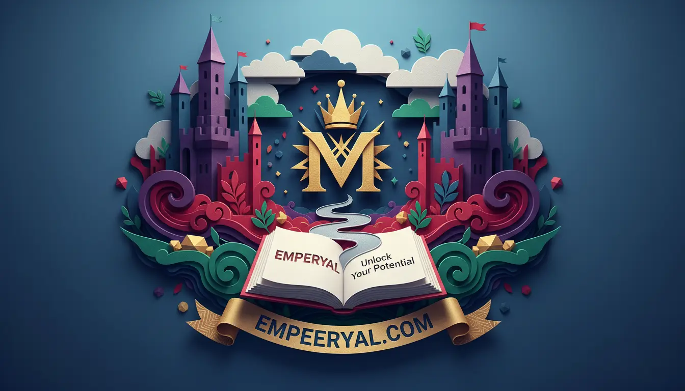 Paper-cut fantasy scene: castles, golden crown M, open book "EMPERYAL Unlock Your Potential", banner "EMPEERYAL.COM".