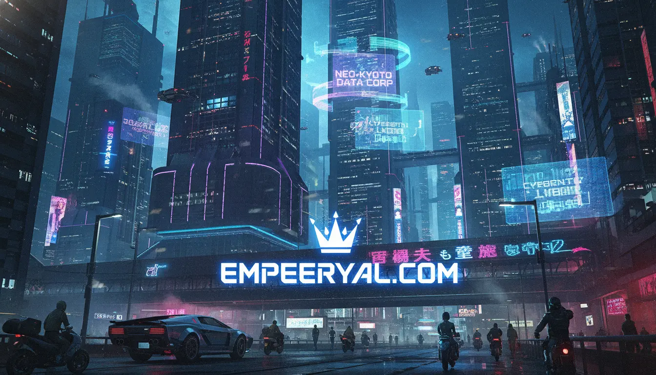 Cyberpunk city street at night. Tall buildings with neon signs, holograms, flying cars. Futuristic car, motorcycles below a glowing EMPEERYAL.COM sign.