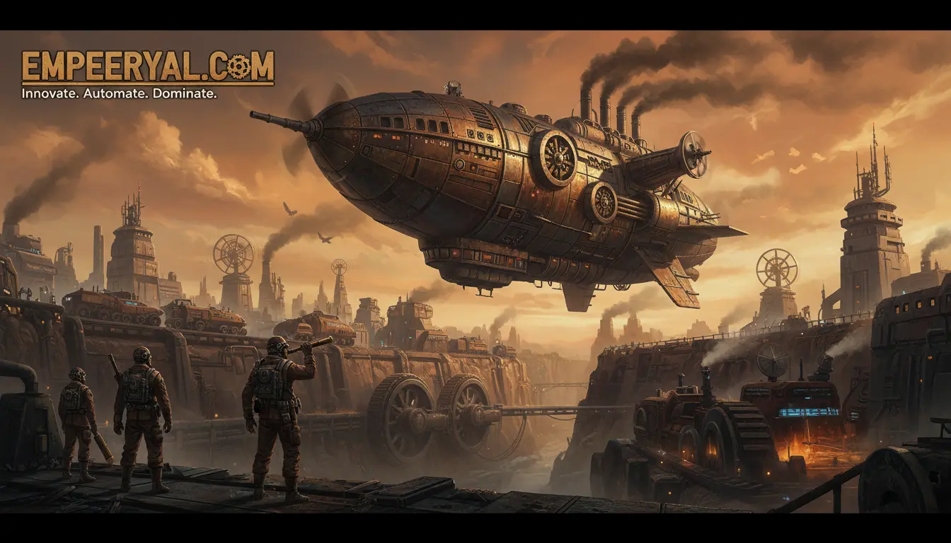 Steampunk industrial landscape with a huge airship, soldiers, and "EMPEERYAL.COM: Innovate. Automate. Dominate.
