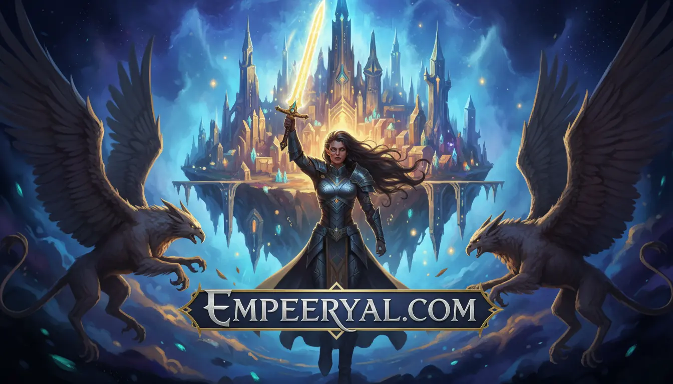 Epic fantasy art: warrior woman in armor holding a glowing sword, with a floating castle, two griffins, and EMPEERYAL.COM.