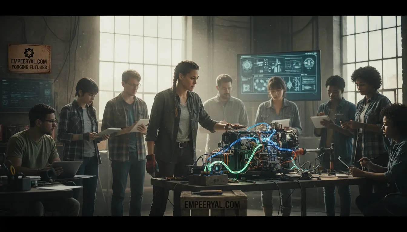 Diverse team of eight engineers in a sunlit workshop. A woman touches a complex machine with glowing wires; others observe.