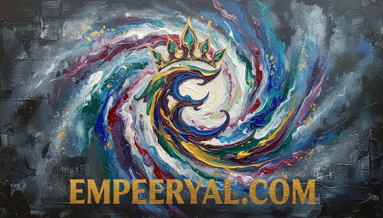 Impasto painting: a vibrant, crowned 'E' swirls from a bright core on a dark background. Gold text: EMPEERYAL.COM.