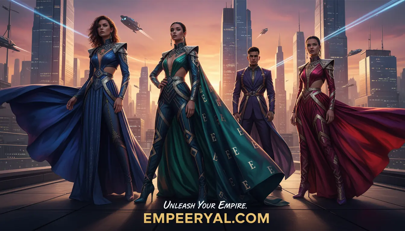 Four regal figures in elaborate blue, green, purple, red outfits & flowing capes in a futuristic cityscape at sunset. EMPEERYAL.COM